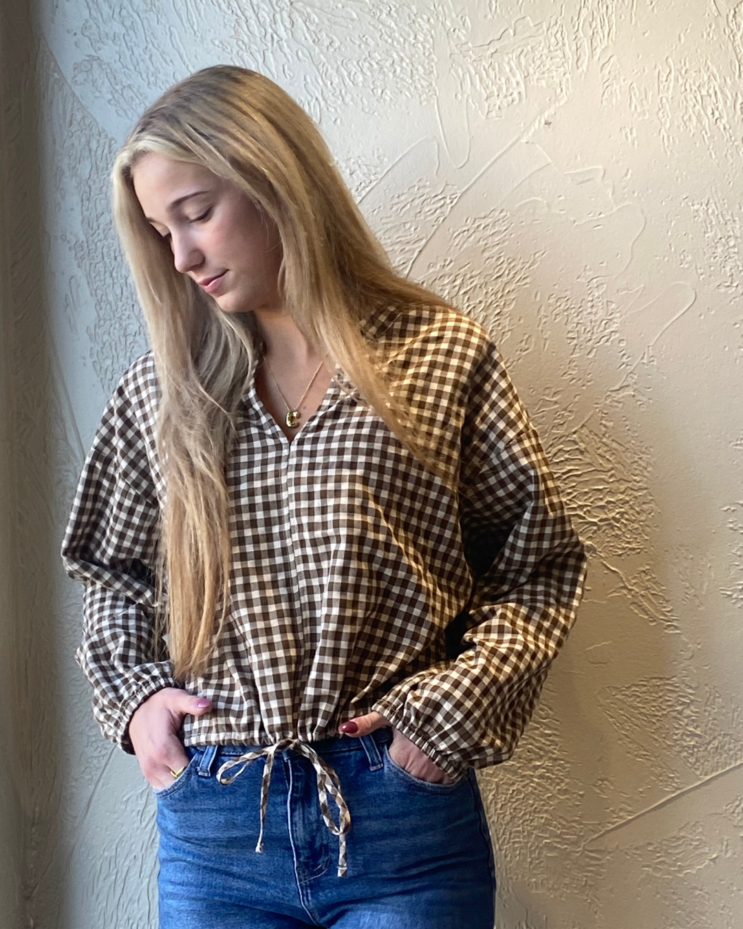 Gingham Drawstring Blouse