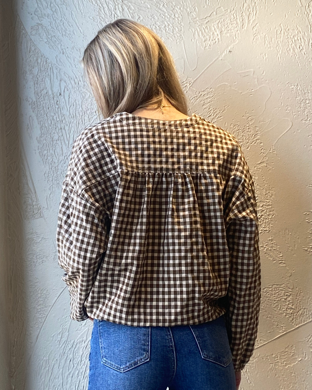 Gingham Drawstring Blouse