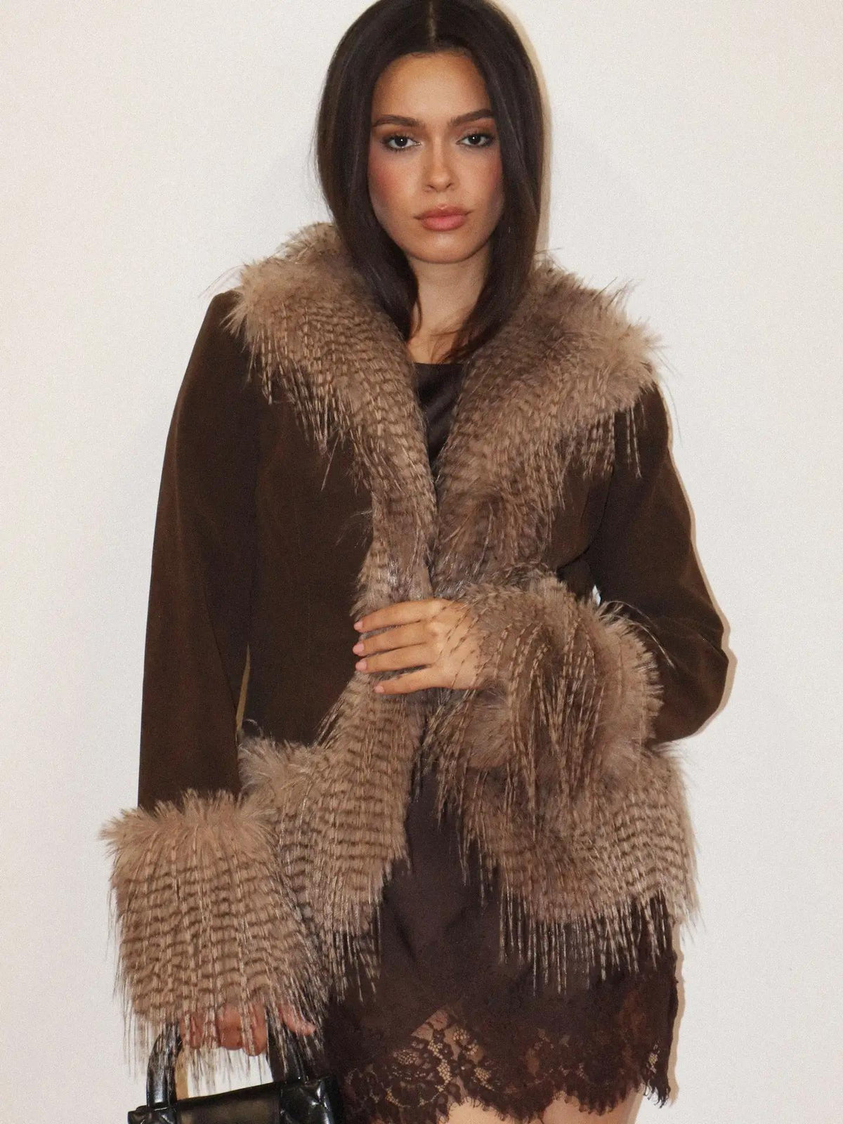 Suede Jacket with Faux Fur Trim