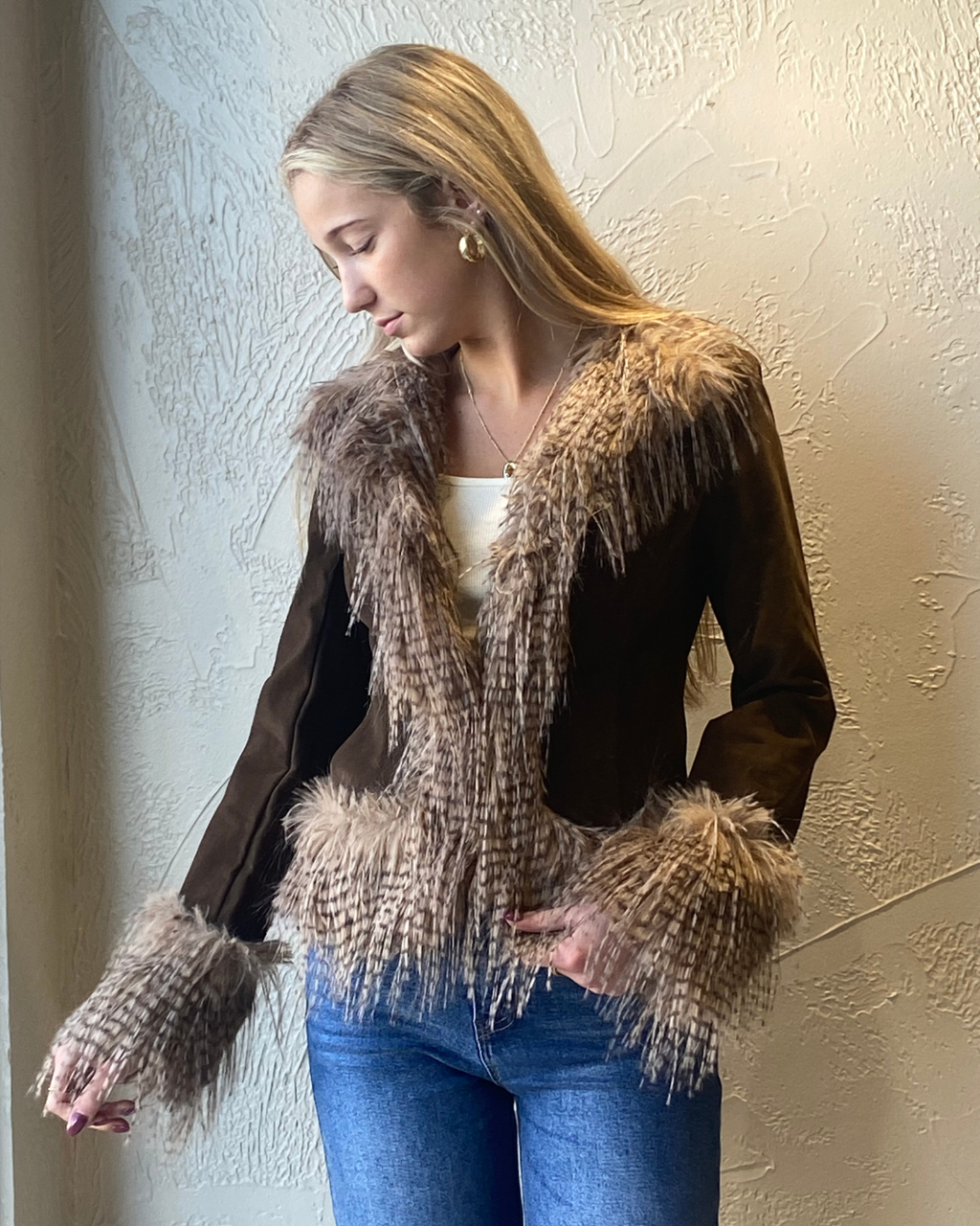 Suede Jacket with Faux Fur Trim