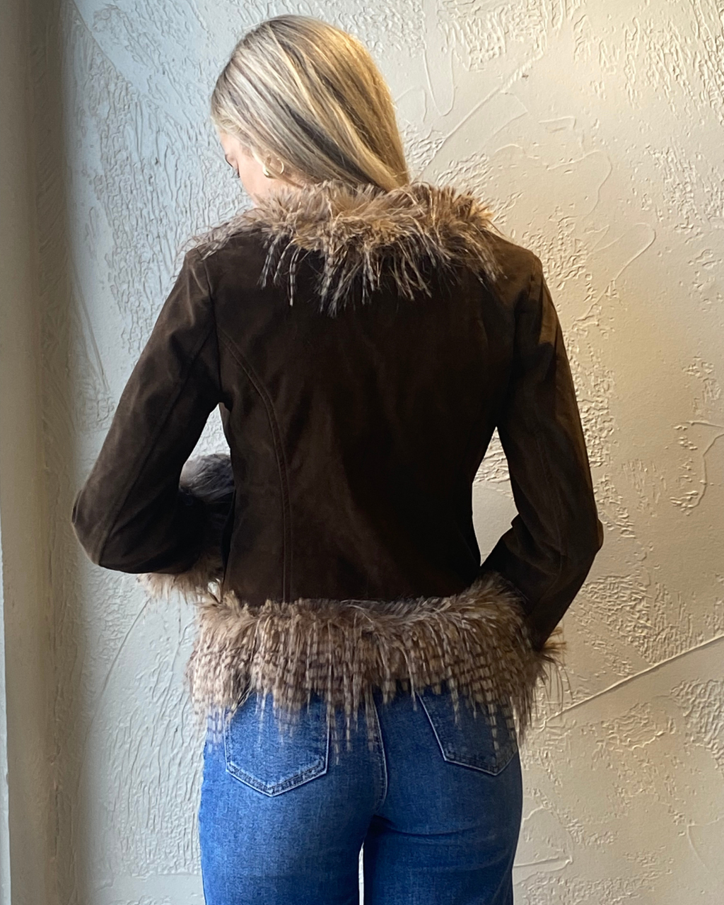 Suede Jacket with Faux Fur Trim